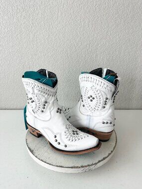 Lane Boots Cosette White & Teal Studded Western Ankle Booties